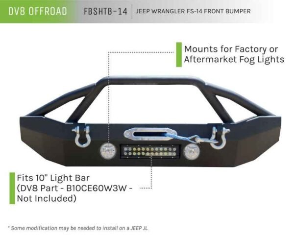 DV8 Offroad 07-18 Jeep Wrangler JK/JL FS-14 Mid Length Steel Front Bumper w/ Fog Lights & LED Lights - Image 8